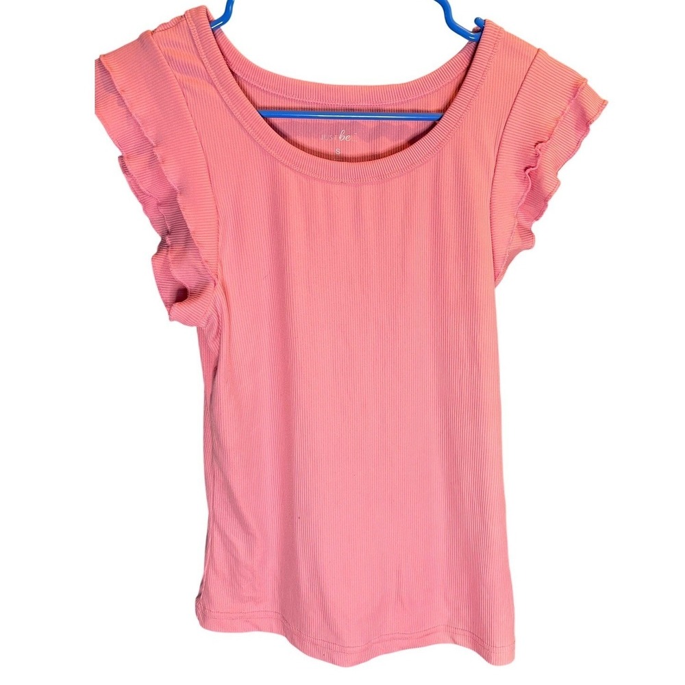 Just Be Womens Pink Ribbed Ruffle Cap Sleeve Scoop Neck Top Size S SKU 0107934